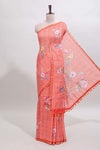 Orange checked floral design linen cotton saree with self zari border and printed blouse