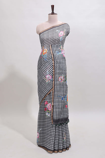 Grey checked floral design linen cotton saree with self zari border and printed blouse