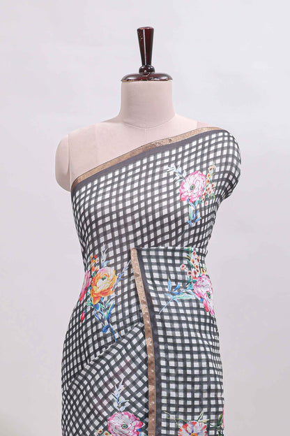Grey checked floral design linen cotton saree with self zari border and printed blouse