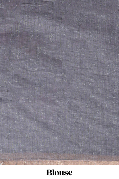 Grey checked floral design linen cotton saree with self zari border and printed blouse