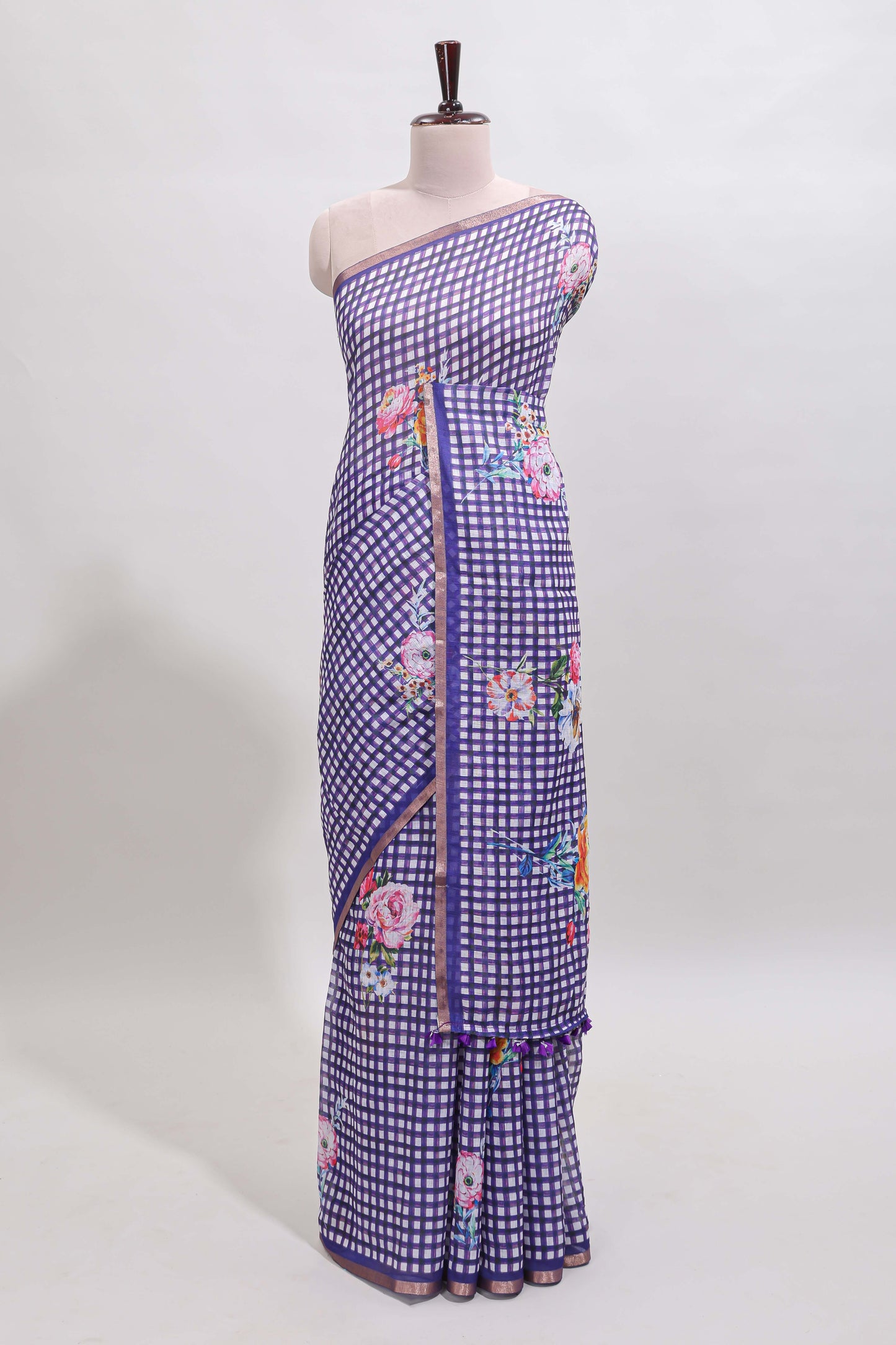 Violet checked floral design linen cotton saree with self zari border and printed blouse