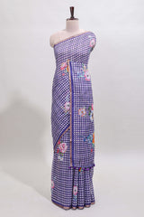 Violet checked floral design linen cotton saree with self zari border and printed blouse
