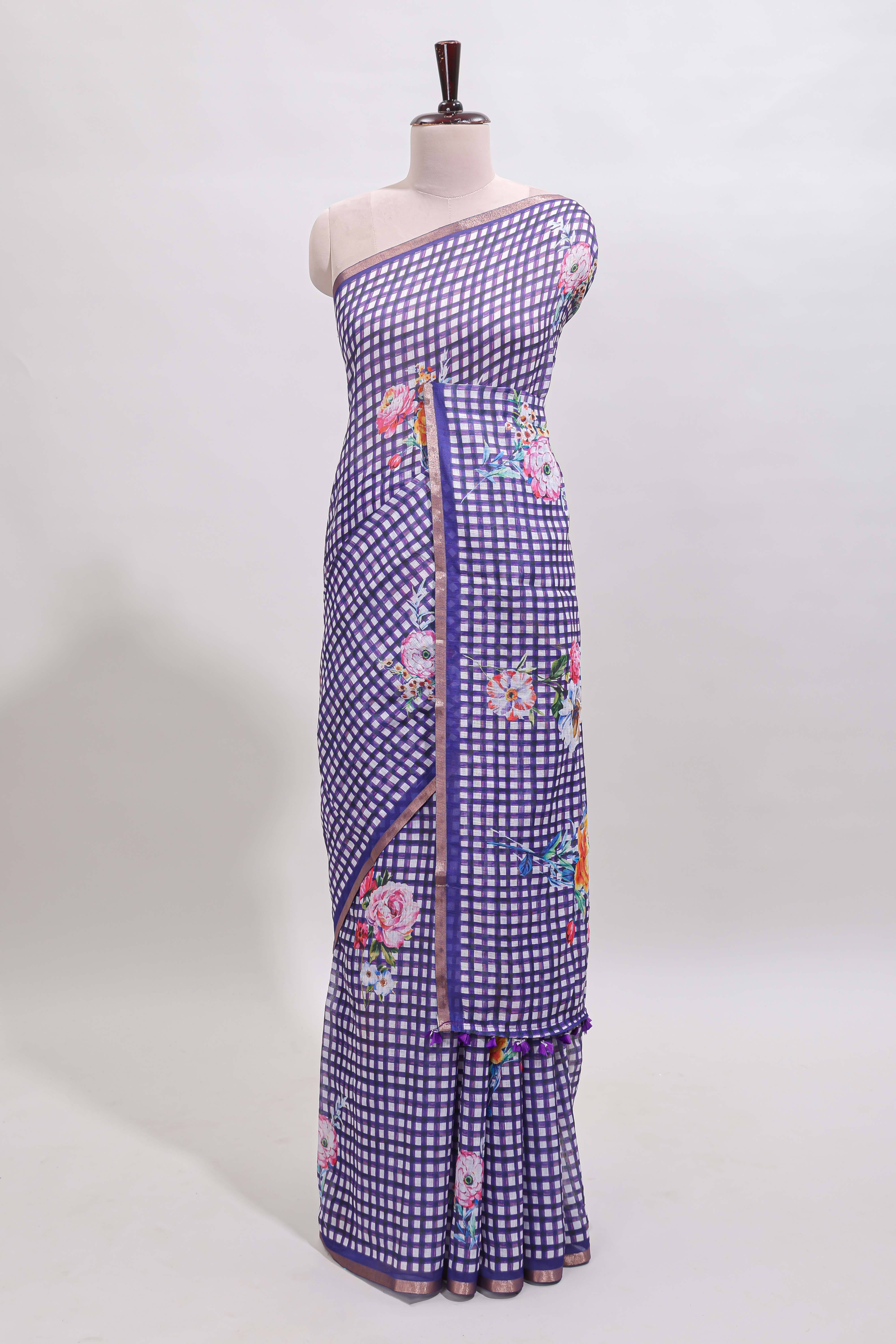 Violet checked floral design linen cotton saree with self zari border and printed blouse