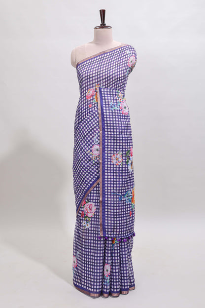 Violet checked floral design linen cotton saree with self zari border and printed blouse