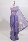 Violet checked floral design linen cotton saree with self zari border and printed blouse