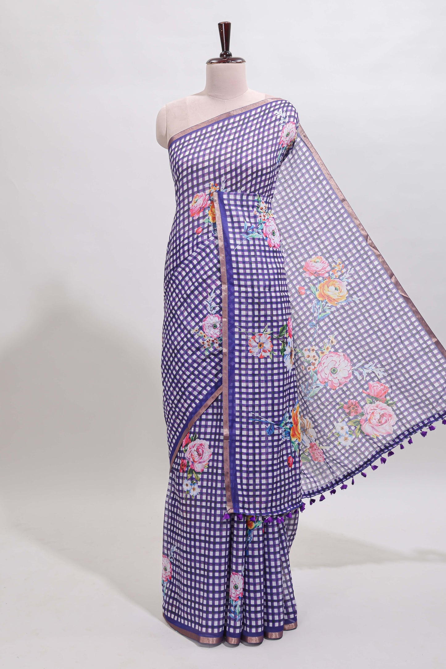 Violet checked floral design linen cotton saree with self zari border and printed blouse