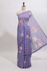 Violet checked floral design linen cotton saree with self zari border and printed blouse