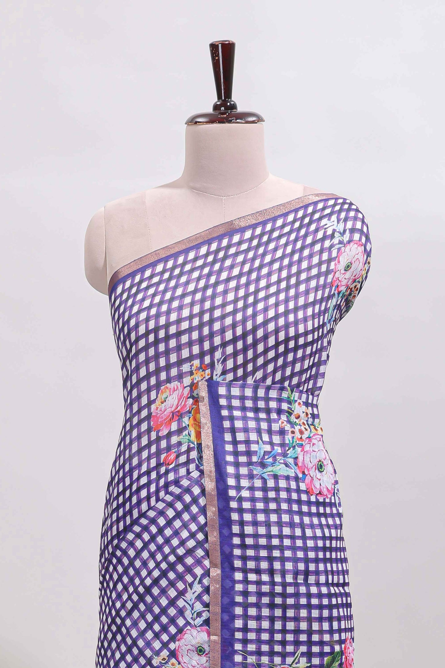 Violet checked floral design linen cotton saree with self zari border and printed blouse