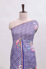 Violet checked floral design linen cotton saree with self zari border and printed blouse