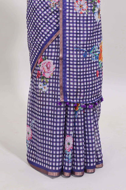 Violet checked floral design linen cotton saree with self zari border and printed blouse