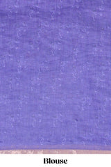 Violet checked floral design linen cotton saree with self zari border and printed blouse