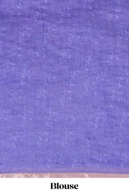 Violet checked floral design linen cotton saree with self zari border and printed blouse