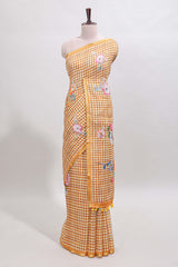 Mustard checked floral design linen cotton saree with self zari border and printed blouse