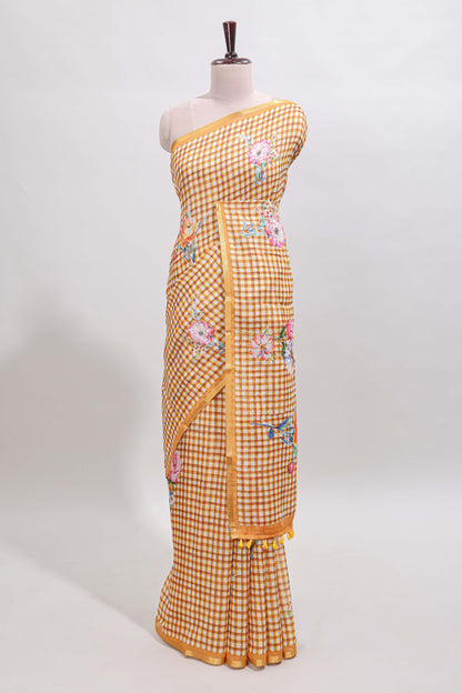Mustard checked floral design linen cotton saree with self zari border and printed blouse