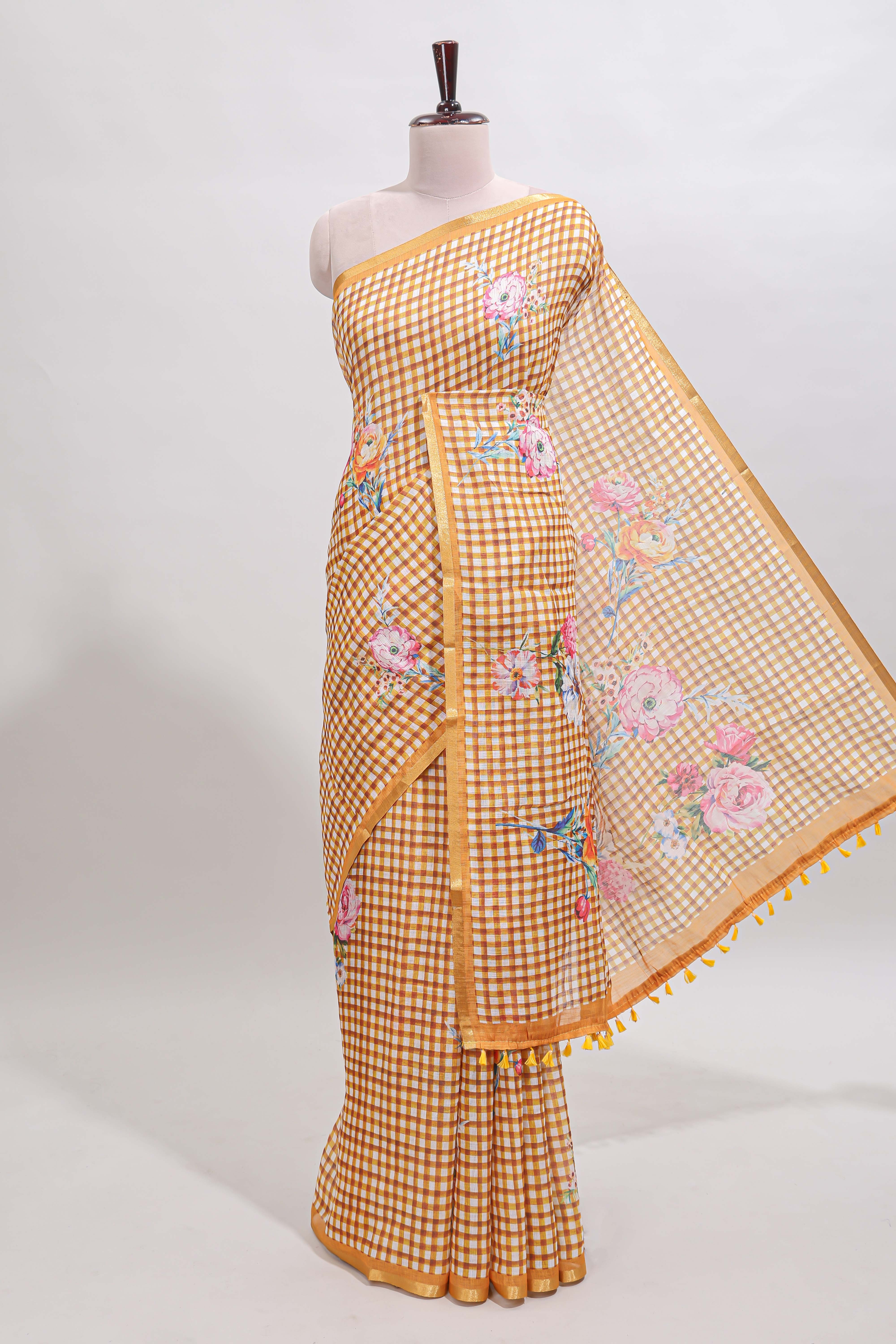 Mustard checked floral design linen cotton saree with self zari border and printed blouse