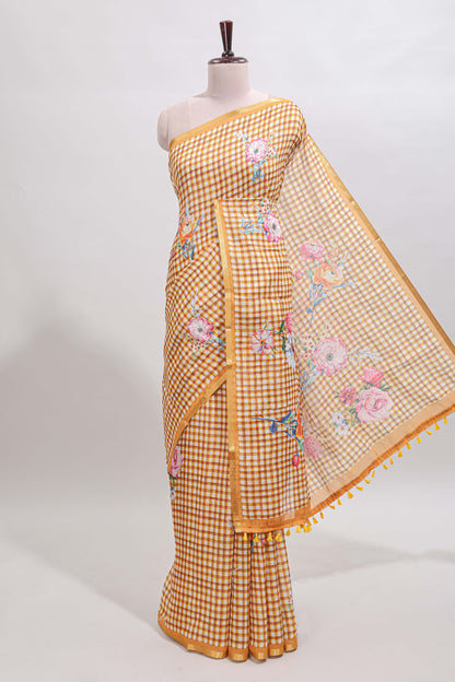 Mustard checked floral design linen cotton saree with self zari border and printed blouse