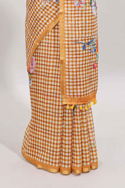 Mustard checked floral design linen cotton saree with self zari border and printed blouse