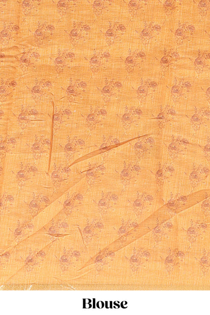 Mustard checked floral design linen cotton saree with self zari border and printed blouse