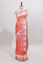 Orange leaf print linen cotton saree with contrast floral design border and matching blouse