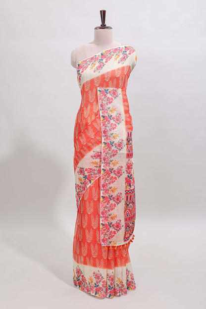 Orange leaf print linen cotton saree with contrast floral design border and matching blouse