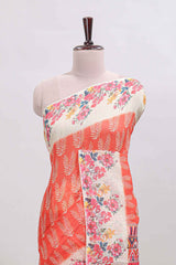 Orange leaf print linen cotton saree with contrast floral design border and matching blouse