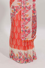 Orange leaf print linen cotton saree with contrast floral design border and matching blouse