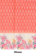 Orange leaf print linen cotton saree with contrast floral design border and matching blouse