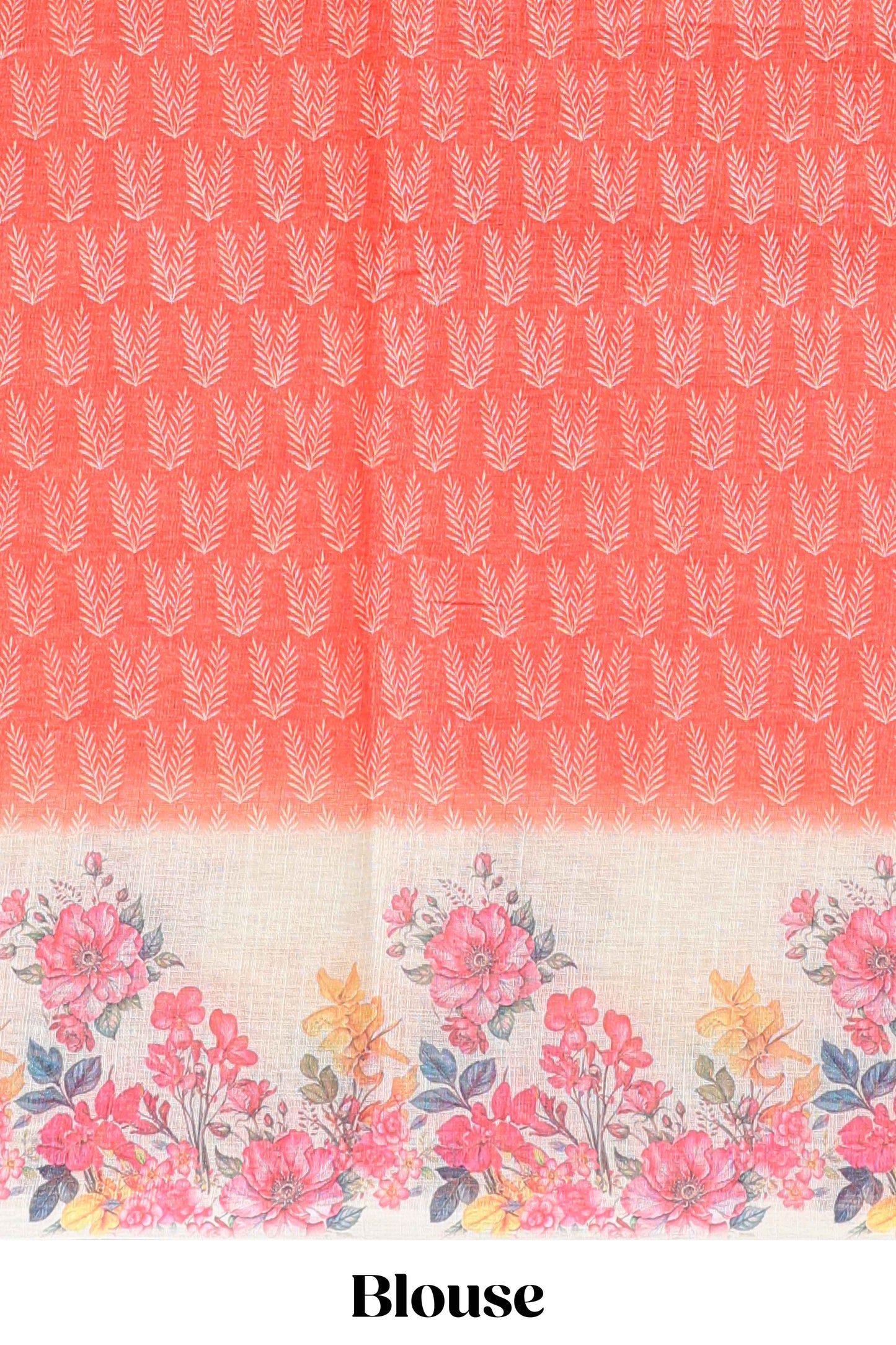 Orange leaf print linen cotton saree with contrast floral design border and matching blouse