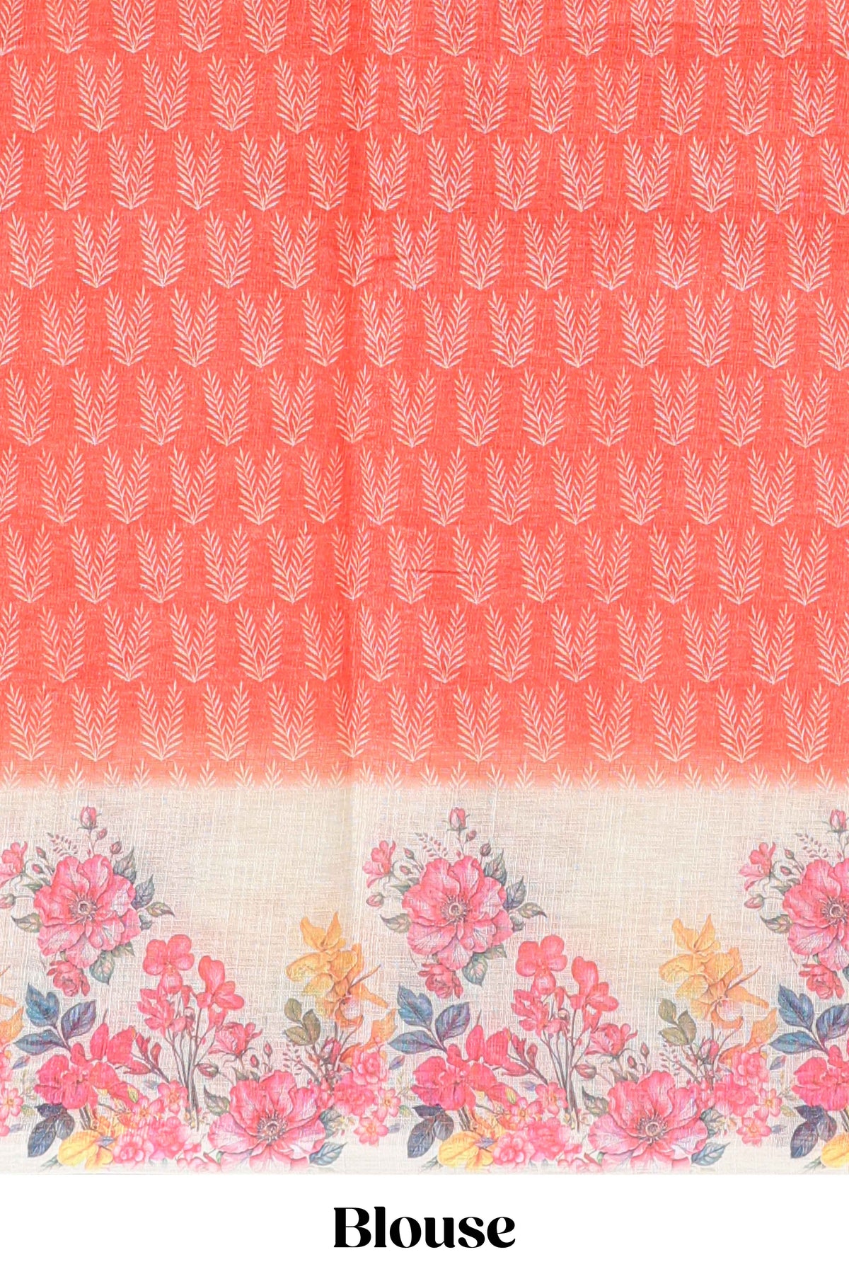 Orange leaf print linen cotton saree with contrast floral design border and matching blouse