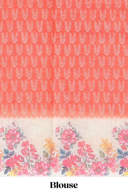 Orange leaf print linen cotton saree with contrast floral design border and matching blouse