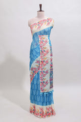 Blue leaf print linen cotton saree with contrast floral design border and matching blouse