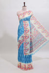 Blue leaf print linen cotton saree with contrast floral design border and matching blouse