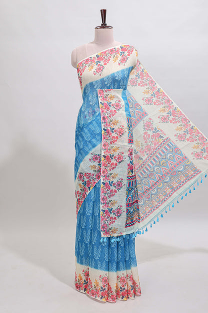Blue leaf print linen cotton saree with contrast floral design border and matching blouse