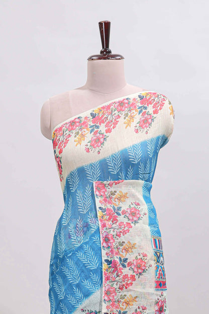 Blue leaf print linen cotton saree with contrast floral design border and matching blouse