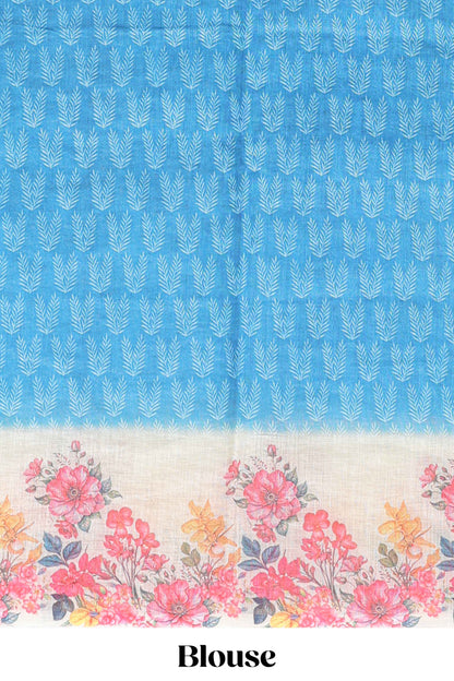 Blue leaf print linen cotton saree with contrast floral design border and matching blouse