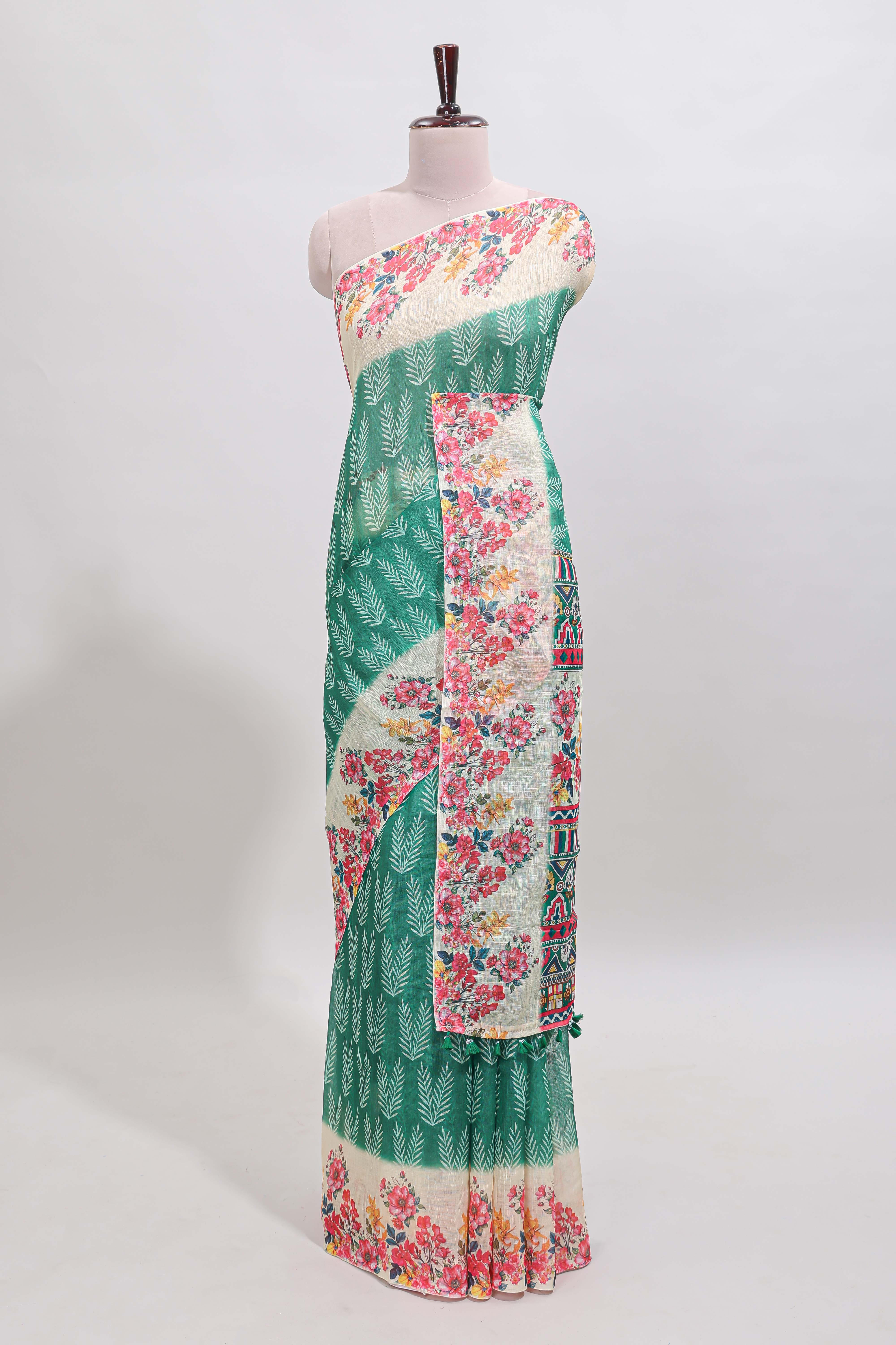 Green leaf print linen cotton saree with contrast floral design border and matching blouse