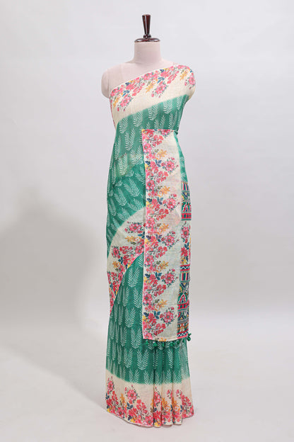 Green leaf print linen cotton saree with contrast floral design border and matching blouse