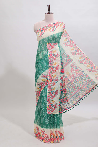 Green leaf print linen cotton saree with contrast floral design border and matching blouse