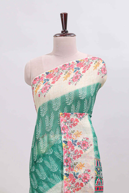 Green leaf print linen cotton saree with contrast floral design border and matching blouse