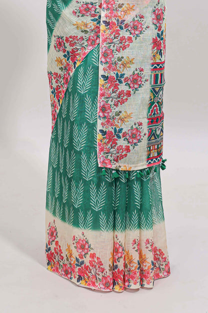 Green leaf print linen cotton saree with contrast floral design border and matching blouse