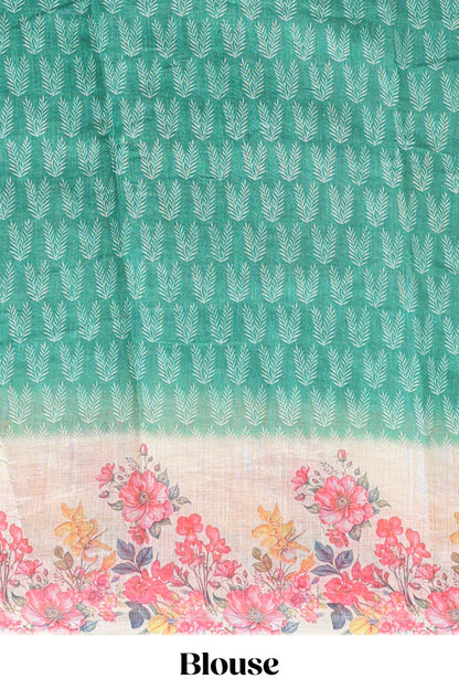 Green leaf print linen cotton saree with contrast floral design border and matching blouse