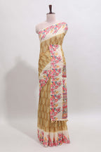 Mustard leaf print linen cotton saree with contrast floral design border and matching blouse