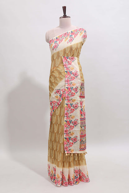Mustard leaf print linen cotton saree with contrast floral design border and matching blouse