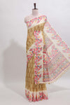 Mustard leaf print linen cotton saree with contrast floral design border and matching blouse