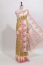 Mustard leaf print linen cotton saree with contrast floral design border and matching blouse
