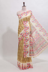 Mustard leaf print linen cotton saree with contrast floral design border and matching blouse