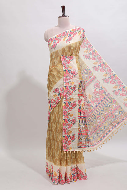 Mustard leaf print linen cotton saree with contrast floral design border and matching blouse