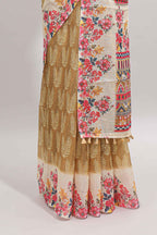 Mustard leaf print linen cotton saree with contrast floral design border and matching blouse