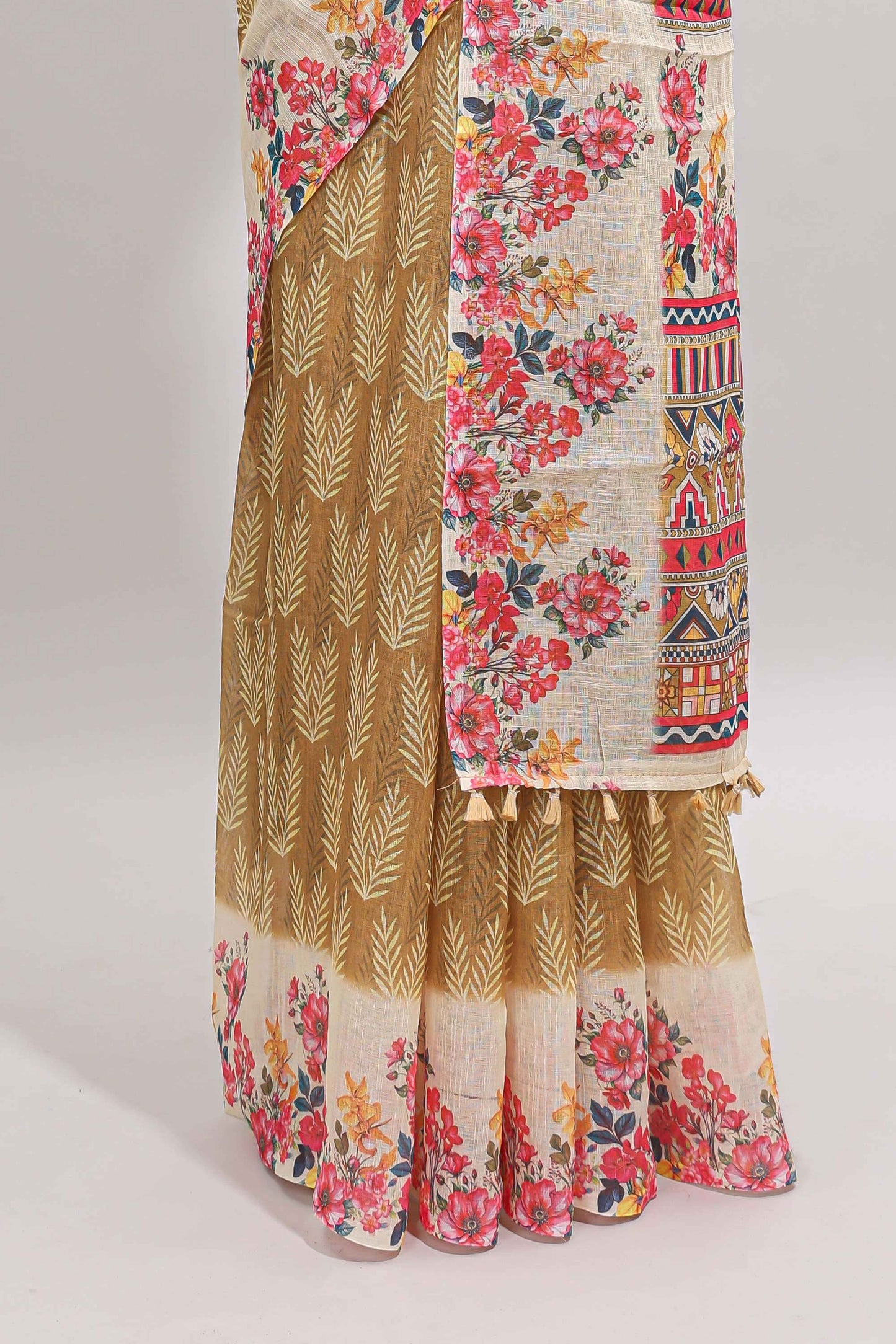 Mustard leaf print linen cotton saree with contrast floral design border and matching blouse