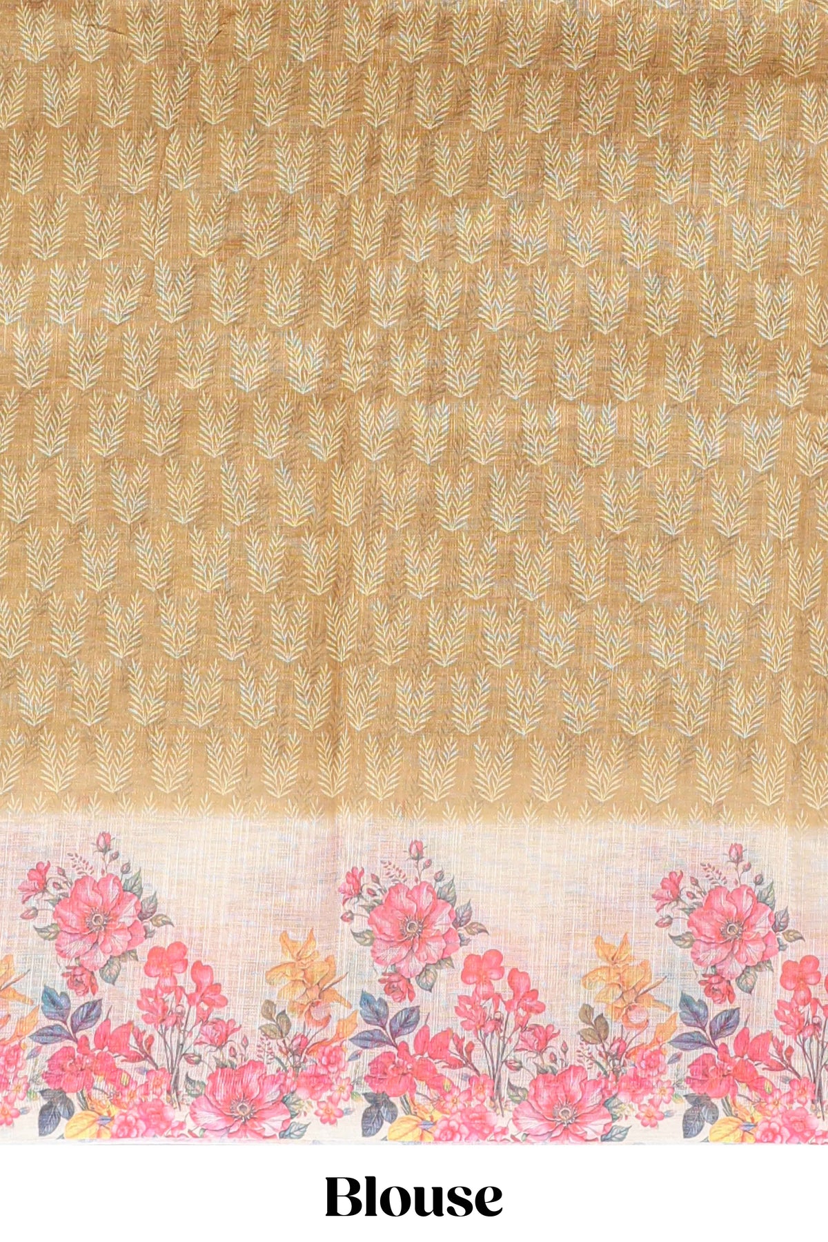 Mustard leaf print linen cotton saree with contrast floral design border and matching blouse